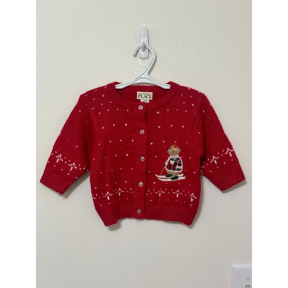 Children's Place Holiday Cardigan Bear Skiing Knit Sweater Red 6-9 Months‎